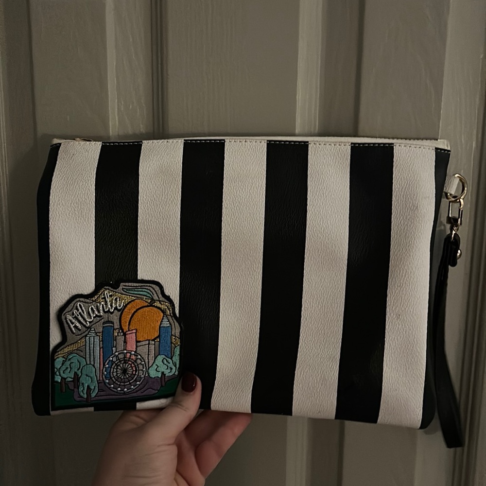 Stoney Clover Lane large flat pouch (black and white stripe with atlanta patch)